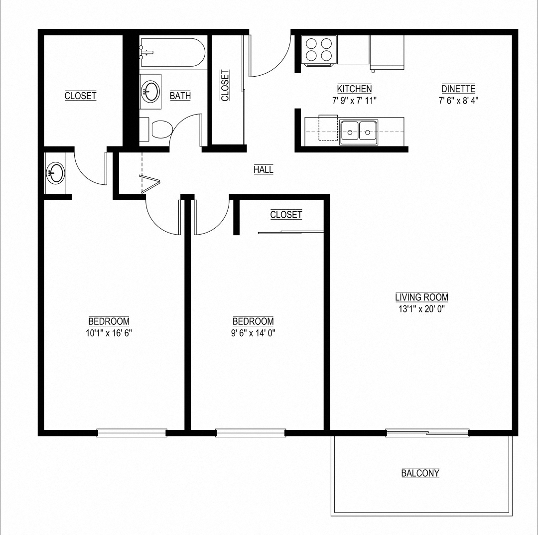 Floor plan for 2 beds, 1 bath, 952 sqft